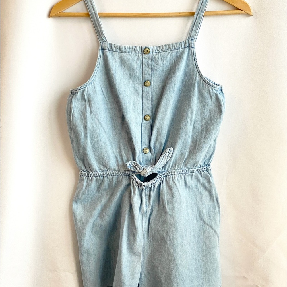 Old Navy Girls Chambray Romper Size 14–16 | Button Front Tie Waist